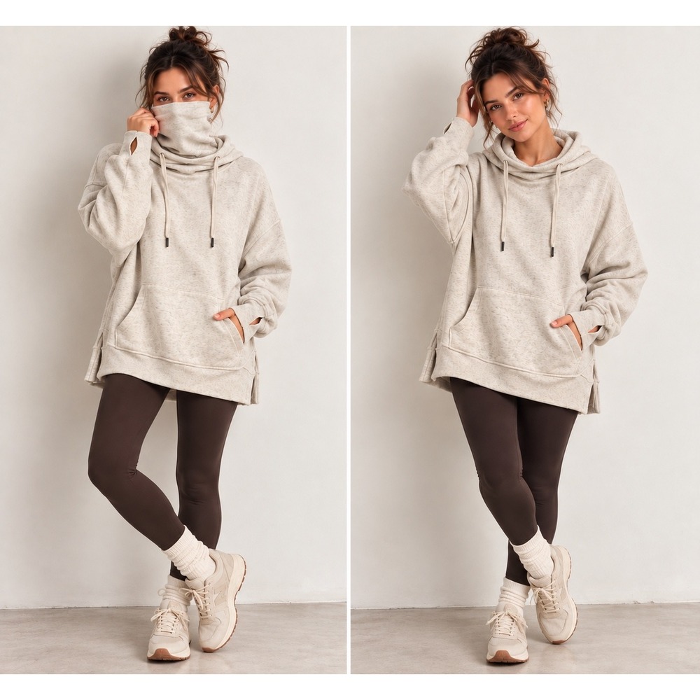 Old Navy Hoodie Small Oatmeal Heather Funnel Neck/Mask Thumbhole Pullover